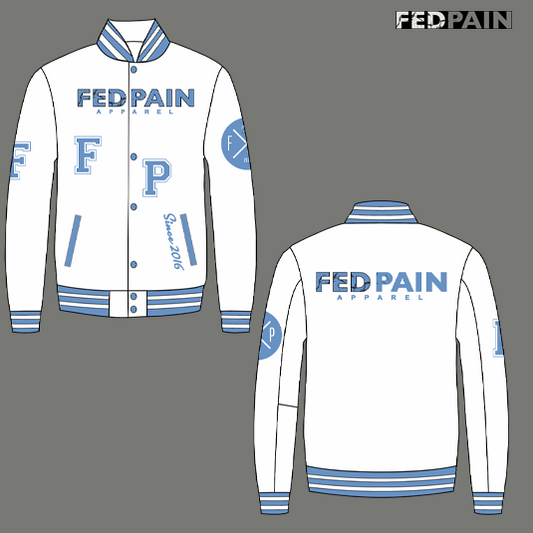 Fedpain Varsity Letterman White& Light Blue