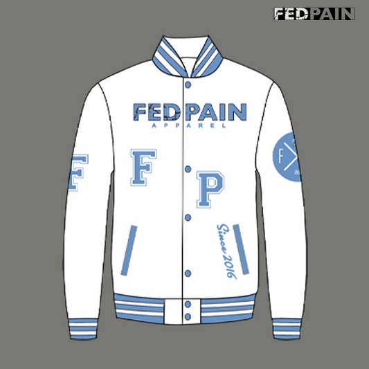 Fedpain Varsity Letterman White& Light Blue